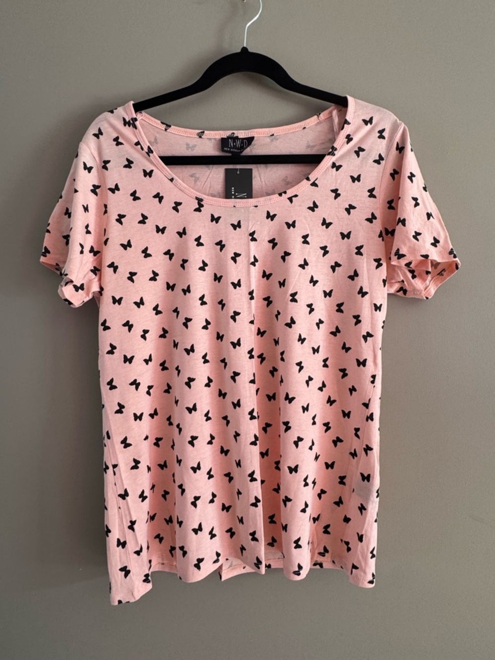 Pink Short Sleeve Scoop Neck Tee with Black Butterfly Print 100% cotton